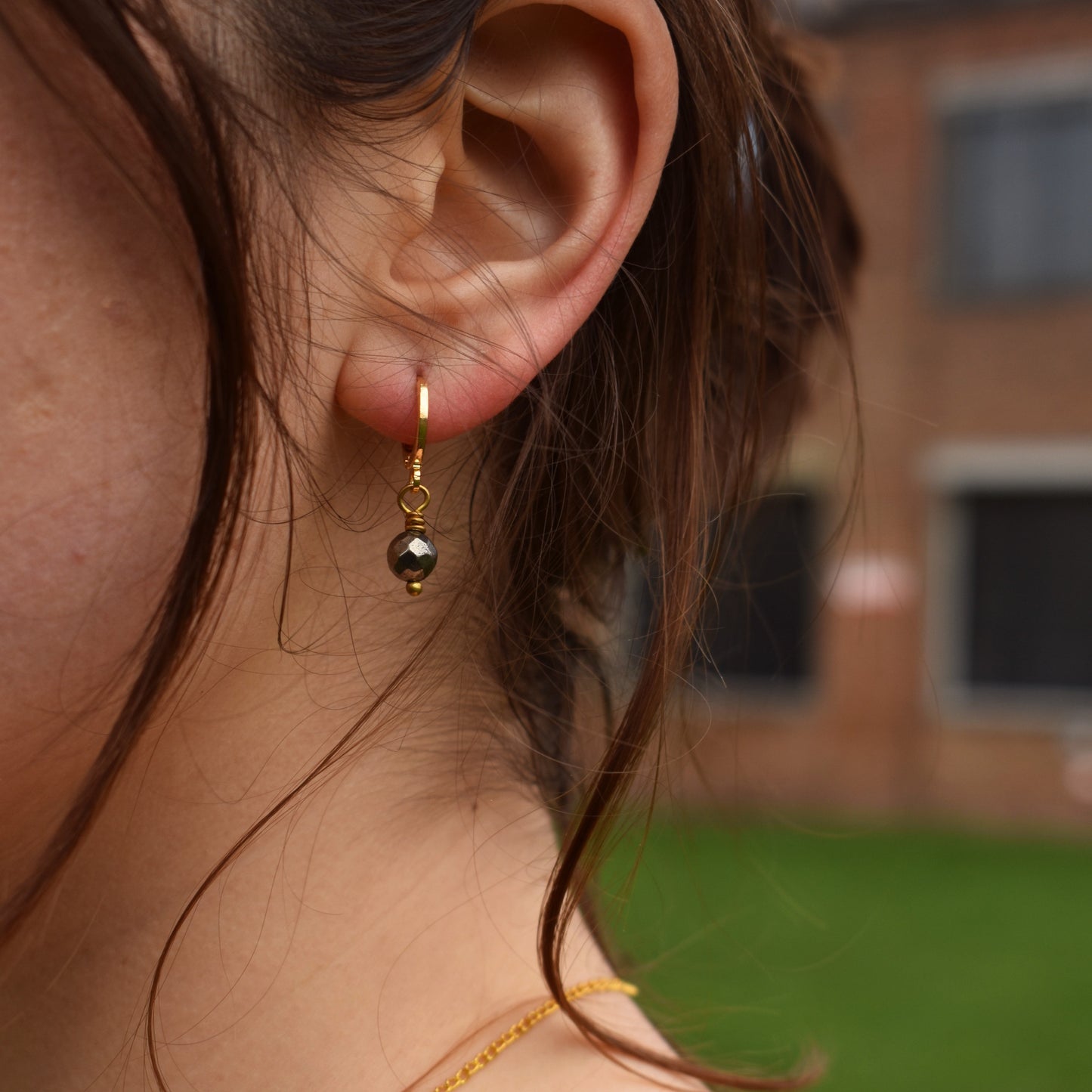 Minimalist faceted bronze pyrite gemstone huggie earrings | by Ifemi Jewels-4