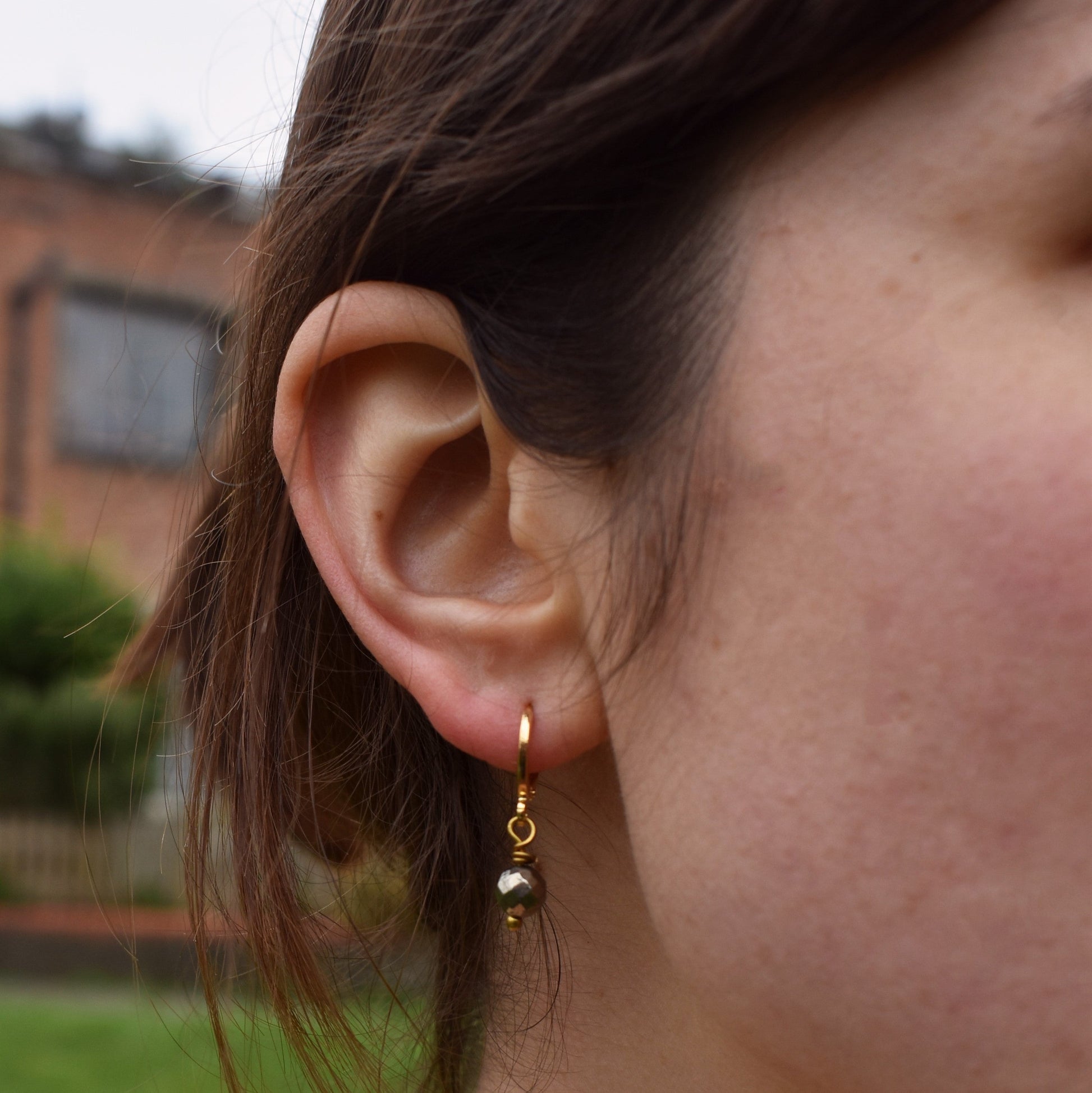 Minimalist faceted bronze pyrite gemstone huggie earrings | by Ifemi Jewels-2