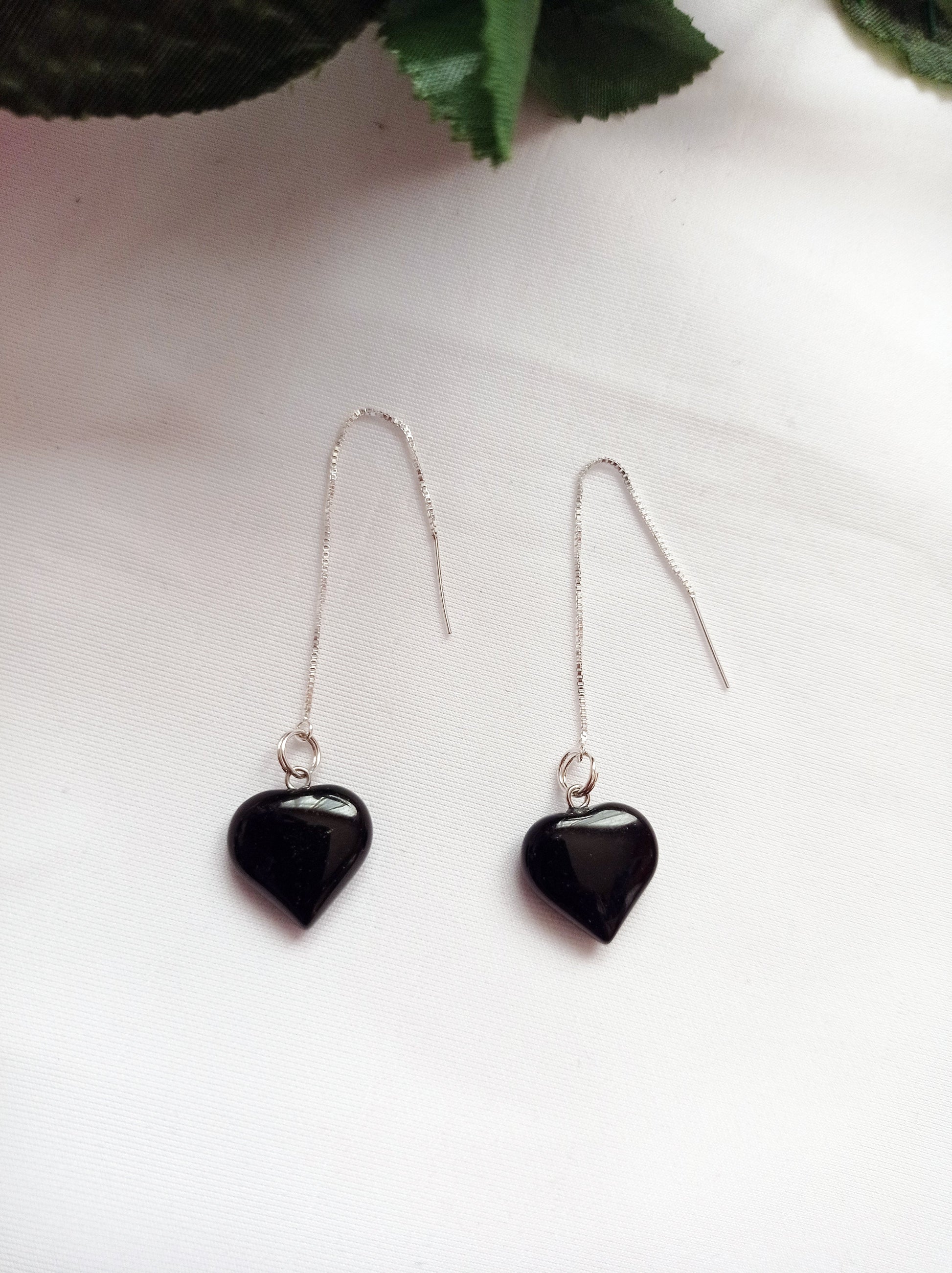 Onyx Heart Threader Earrings, Sterling Silver Earrings | by nlanlaVictory-2