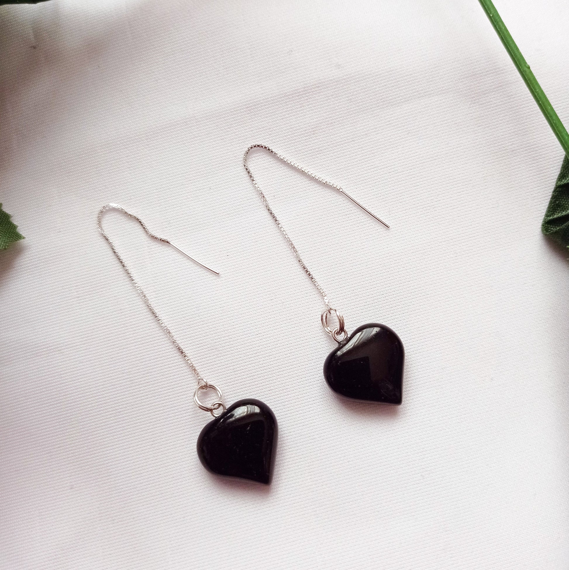 Onyx Heart Threader Earrings, Sterling Silver Earrings | by nlanlaVictory-1