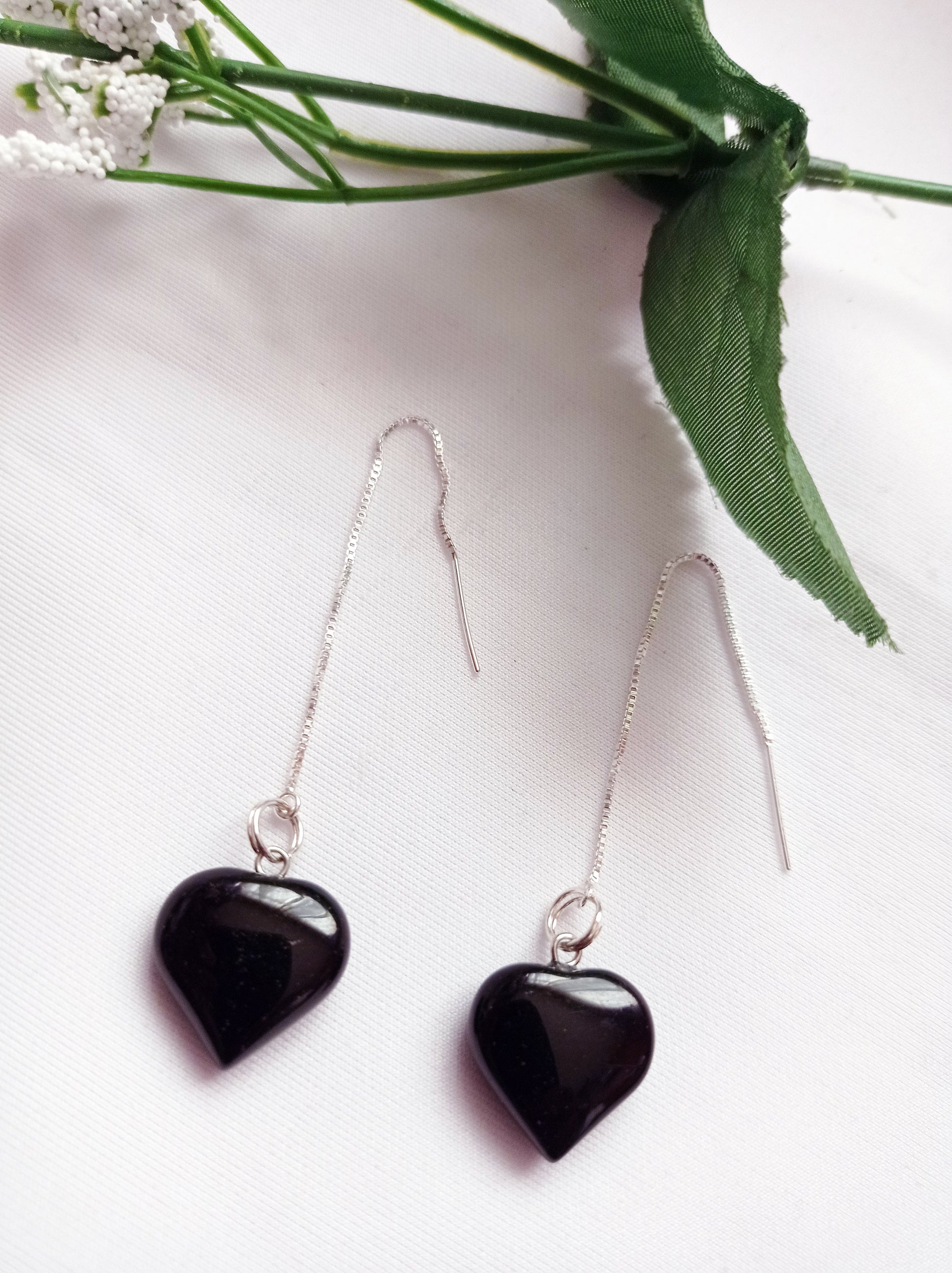 Onyx Heart Threader Earrings, Sterling Silver Earrings | by nlanlaVictory-4