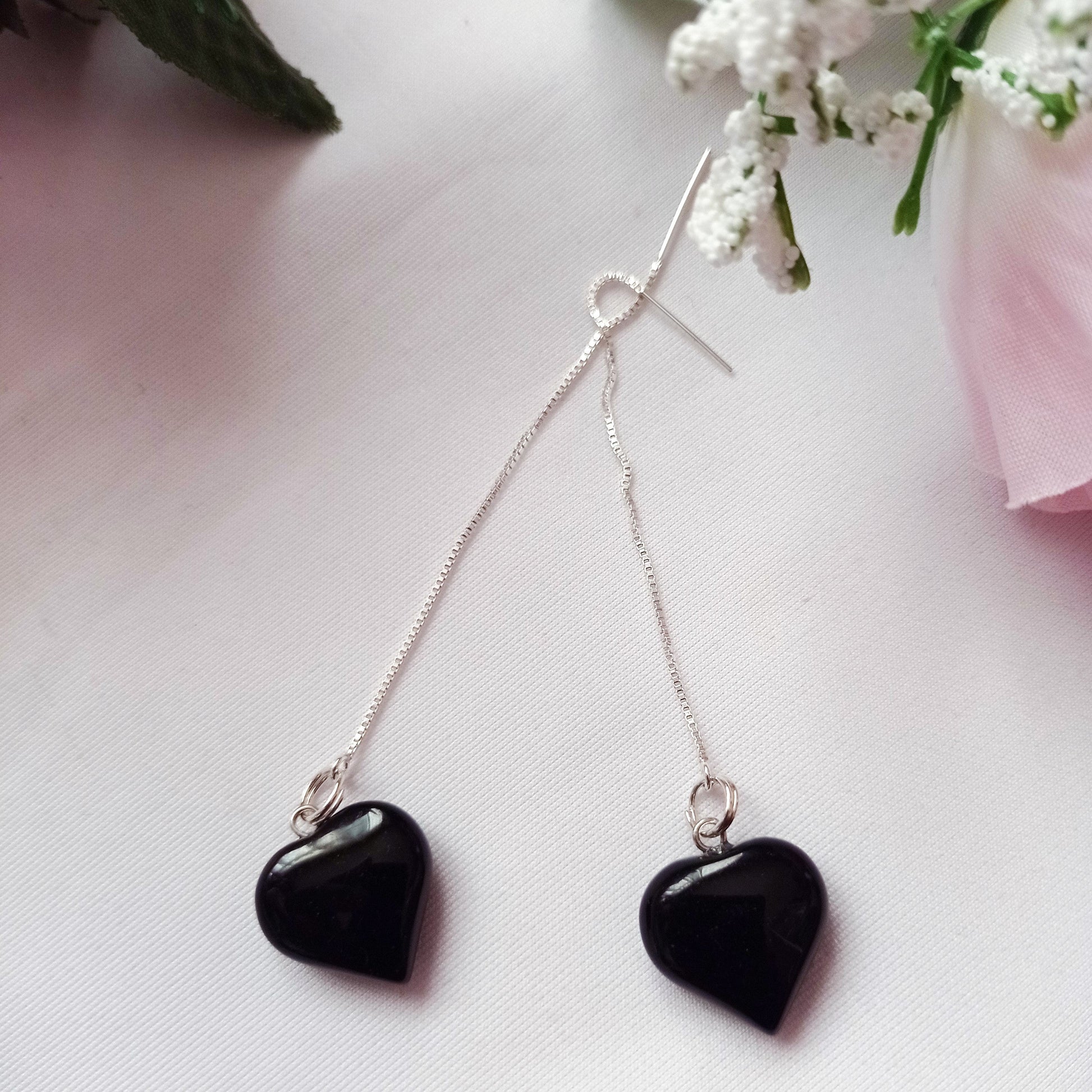 Onyx Heart Threader Earrings, Sterling Silver Earrings | by nlanlaVictory-6