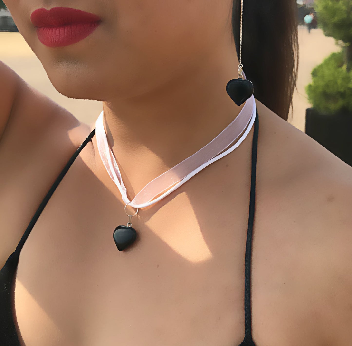 Black Onyx Necklace, White Ribbon Necklace, Gemstone Necklace, Black and White | by nlanlaVictory-3