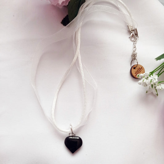 Black Onyx Necklace, White Ribbon Necklace, Gemstone Necklace, Black and White | by nlanlaVictory-0