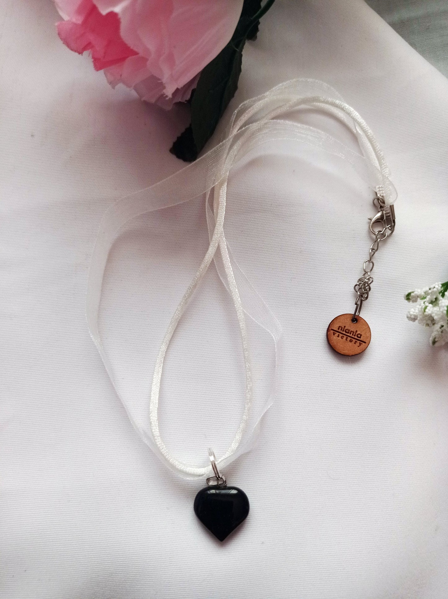 Black Onyx Necklace, White Ribbon Necklace, Gemstone Necklace, Black and White | by nlanlaVictory-2