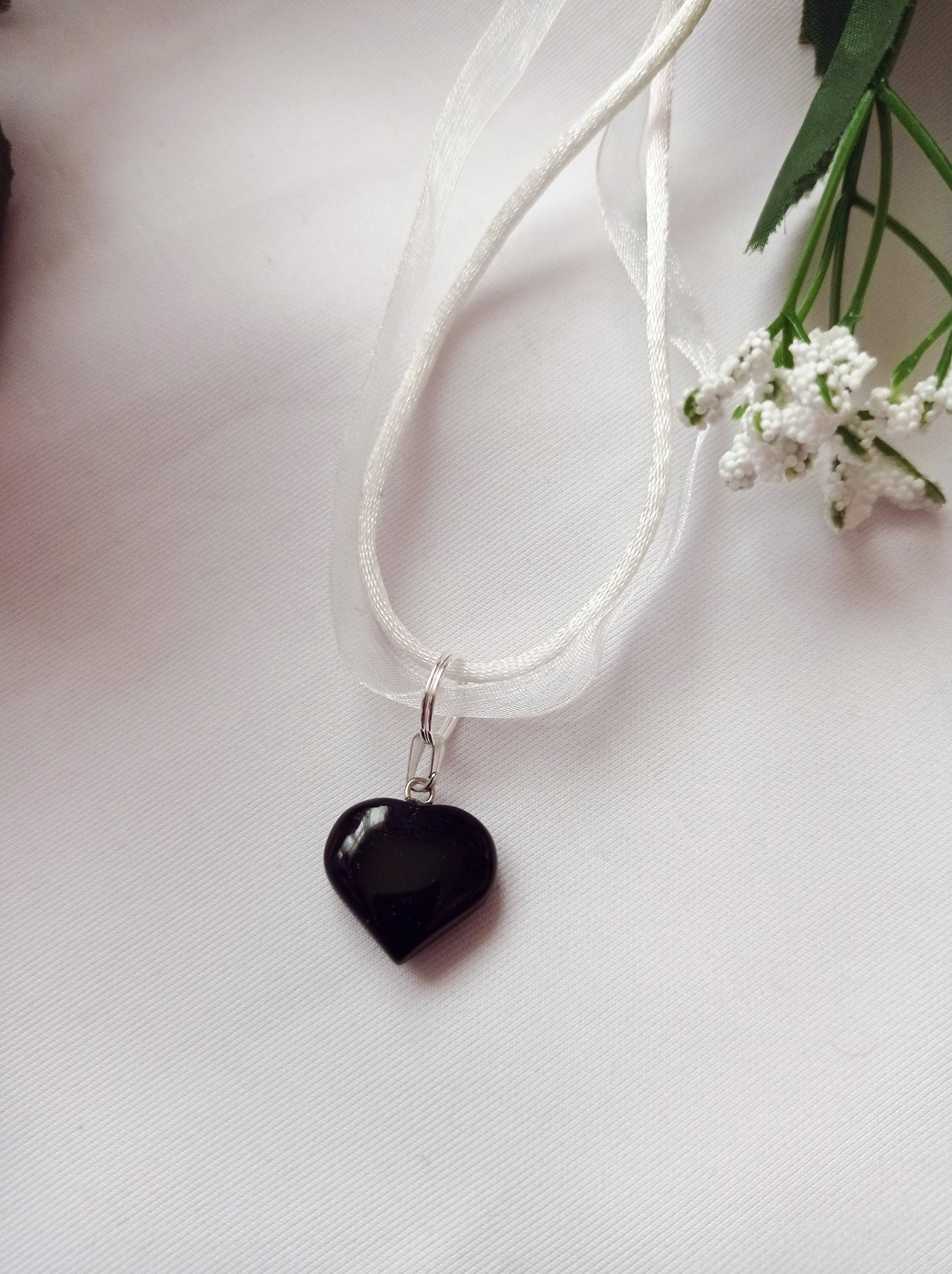 Black Onyx Necklace, White Ribbon Necklace, Gemstone Necklace, Black and White | by nlanlaVictory-1