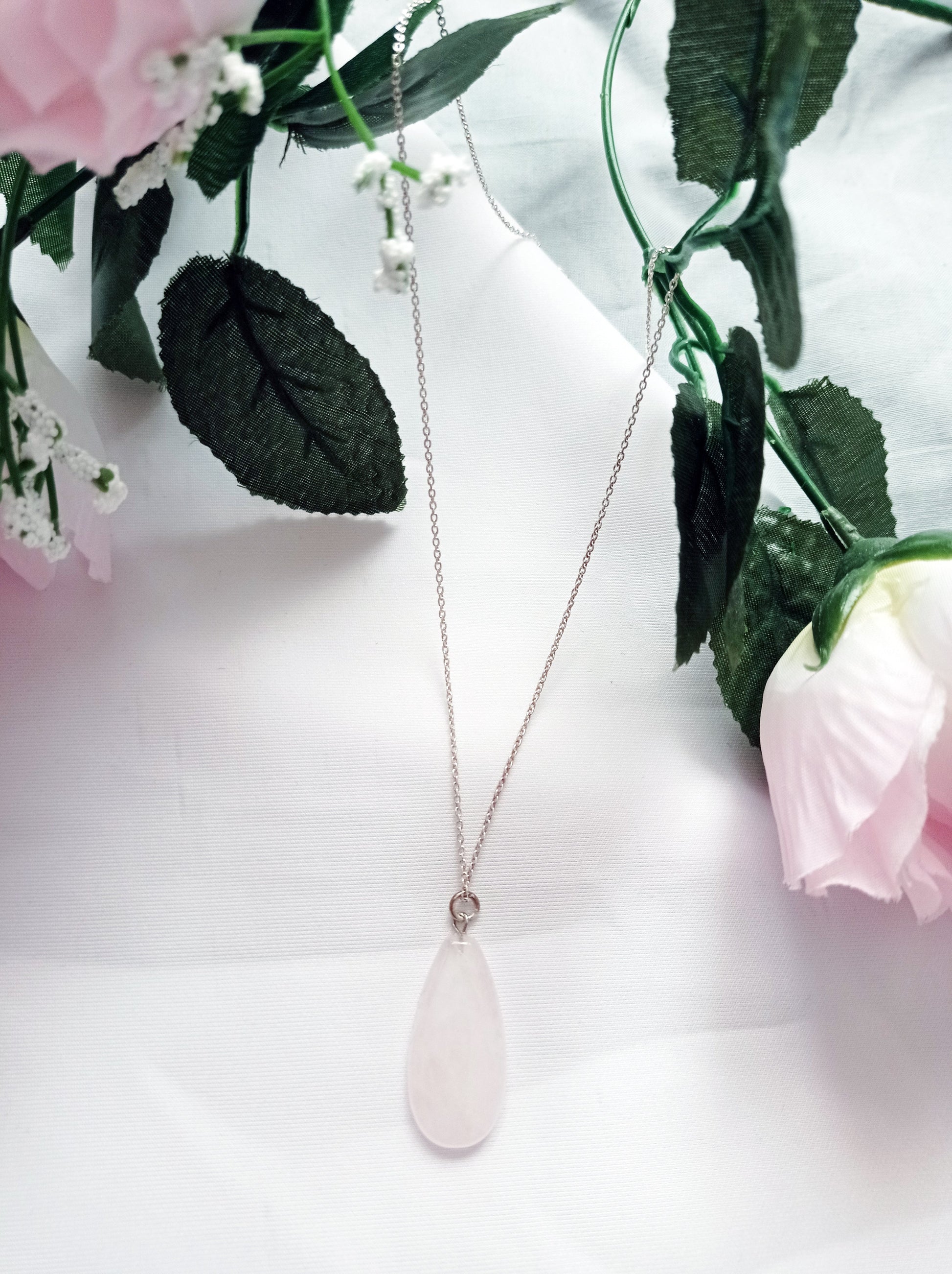 Rose Quartz Necklace, Rose Quartz Sterling Silver necklace, Rose Quartz Teardrop Pendant Necklace | by nlanlaVictory-5