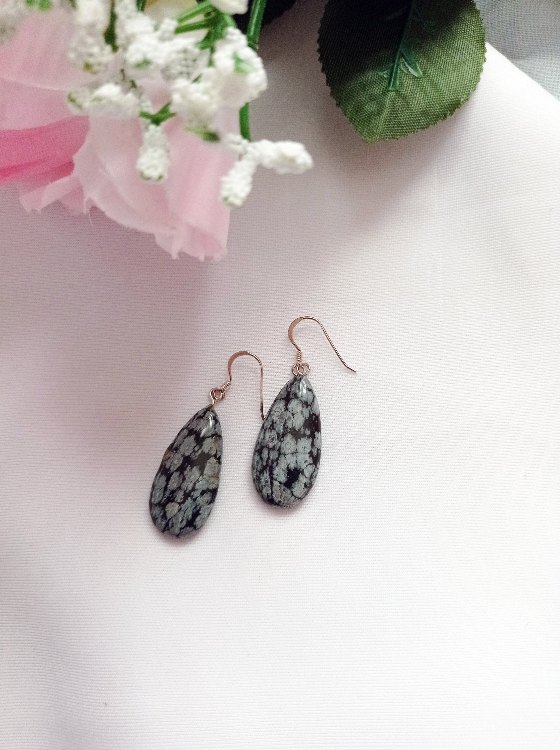 Snowflake Obsidian Earrings, Teardrop Sterling Silver Earrings, Gemstone Earrings | by nlanlaVictory-1