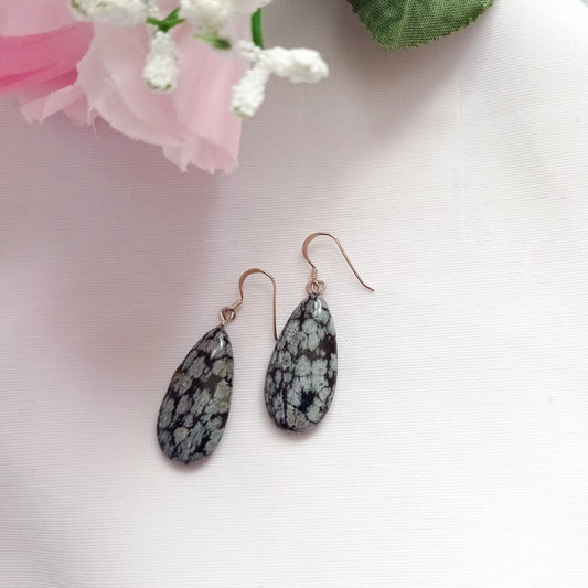 Snowflake Obsidian Earrings, Teardrop Sterling Silver Earrings, Gemstone Earrings | by nlanlaVictory-0