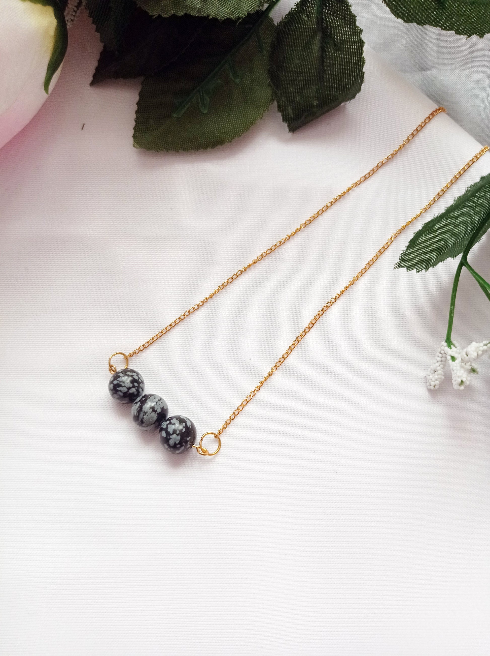 Snowflake Obsidian Yellow Gold Vermeil Necklace, Snowflake Obsidian Bar Necklace, Gemstone Bar Necklace, Pendant Necklace | by nlanlaVictory-5