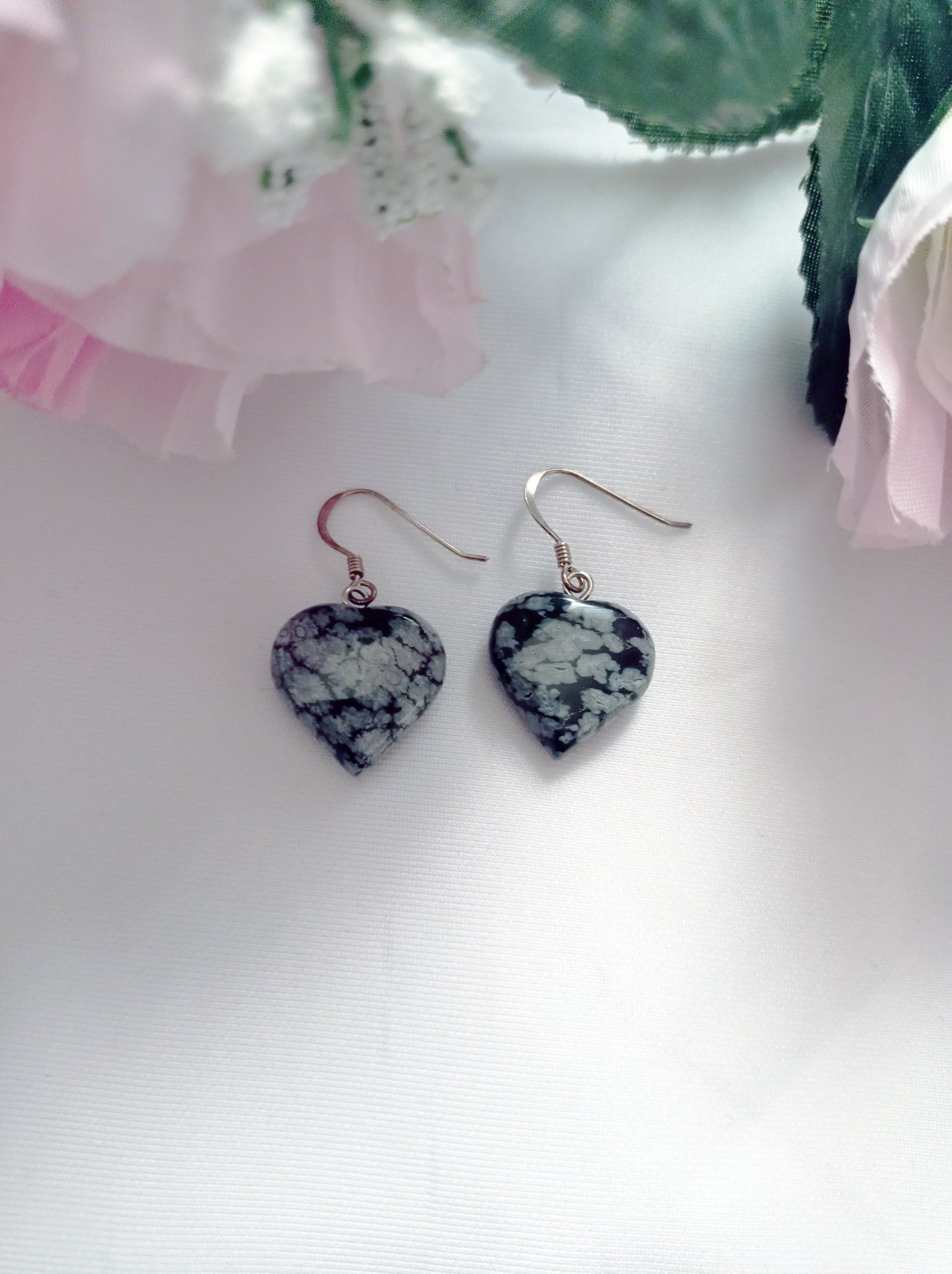 Snowflake Obsidian Drop Earrings, Heart Sterling Silver Drop Earrings, Gemstone Earrings | by nlanlaVictory-6