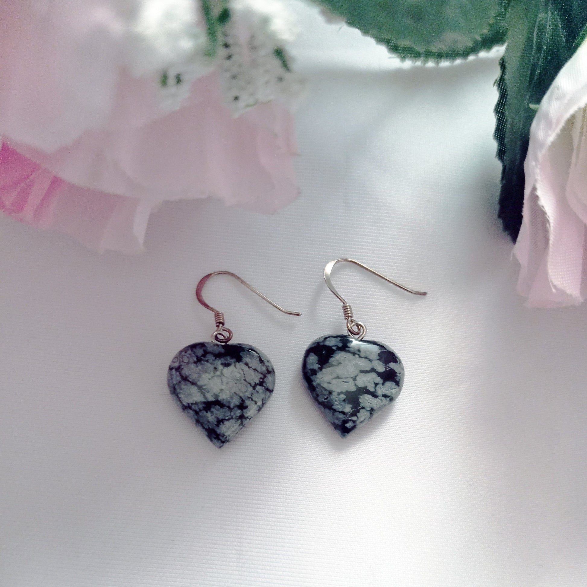 Snowflake Obsidian Drop Earrings, Heart Sterling Silver Drop Earrings, Gemstone Earrings | by nlanlaVictory-3