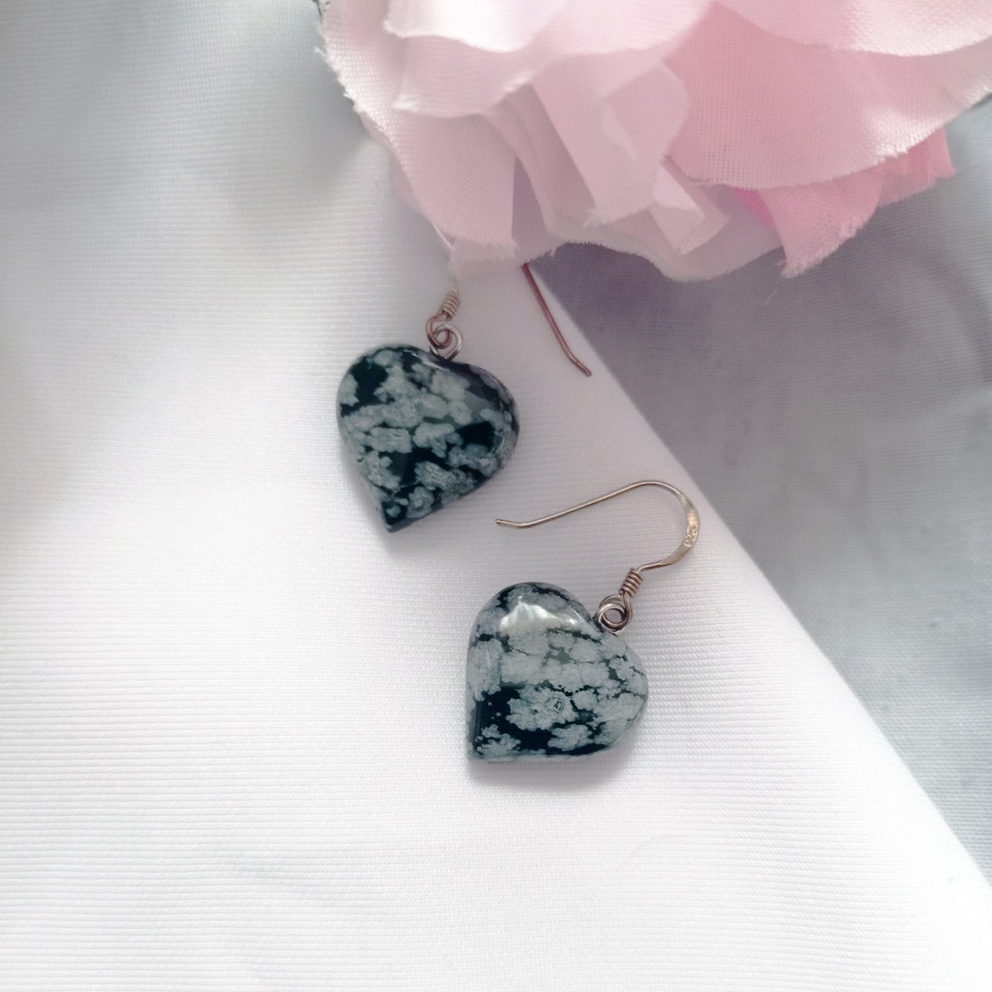 Snowflake Obsidian Drop Earrings, Heart Sterling Silver Drop Earrings, Gemstone Earrings | by nlanlaVictory-4