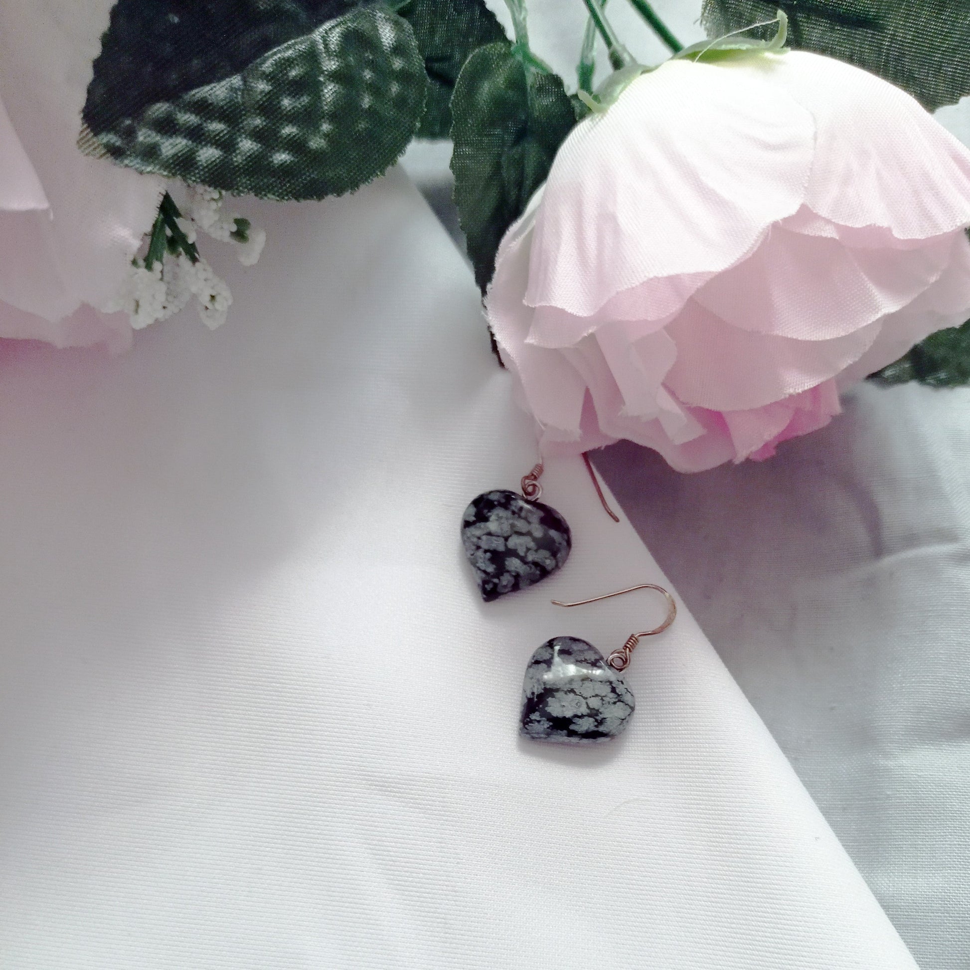 Snowflake Obsidian Drop Earrings, Heart Sterling Silver Drop Earrings, Gemstone Earrings | by nlanlaVictory-1