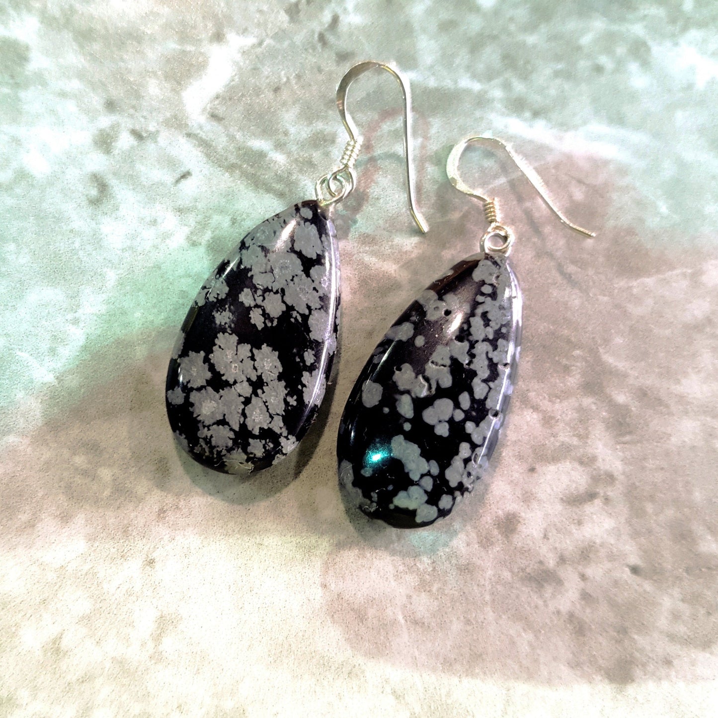 Snowflake Obsidian Earrings, Teardrop Sterling Silver Earrings, Gemstone Earrings | by nlanlaVictory-5