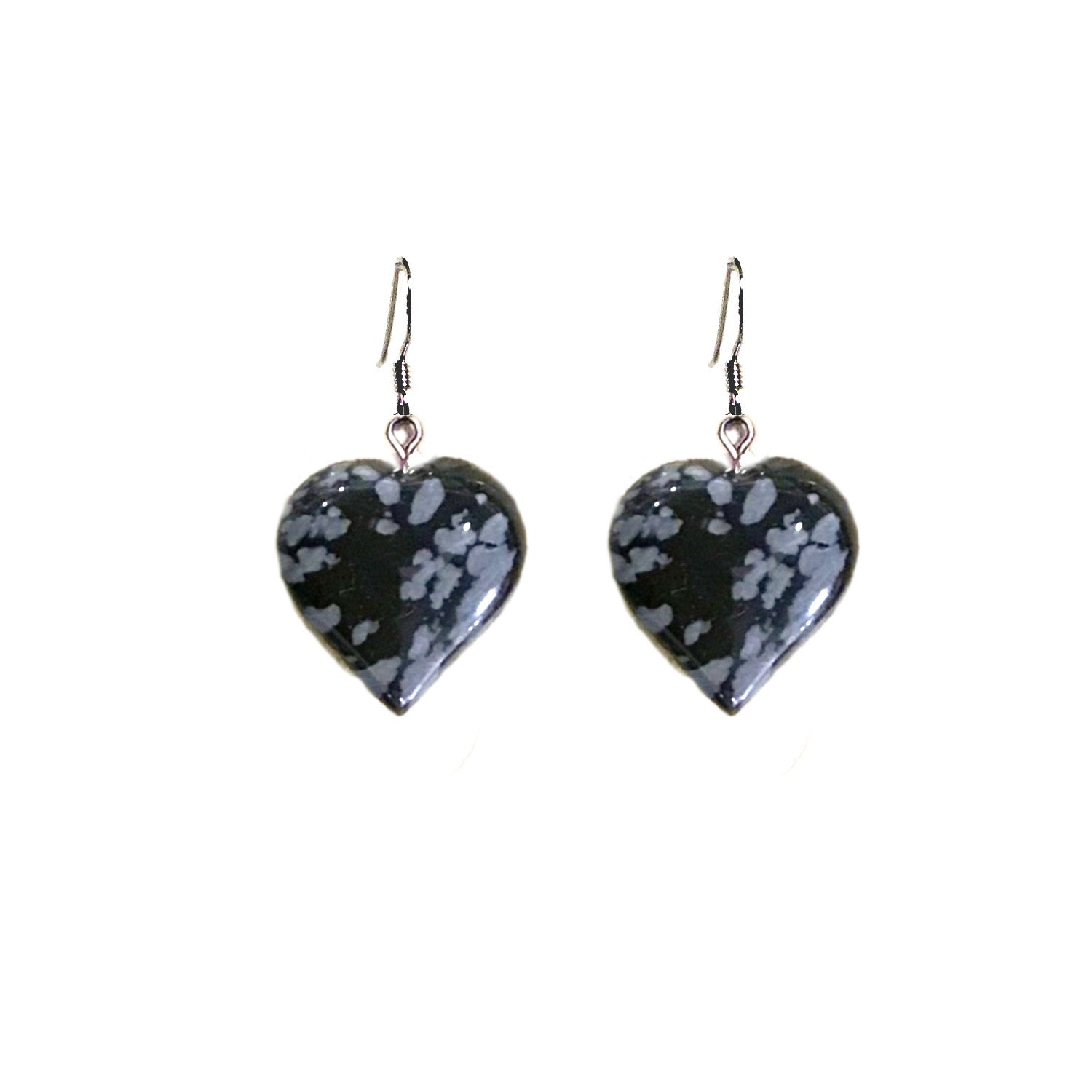 Snowflake Obsidian Drop Earrings, Heart Sterling Silver Drop Earrings, Gemstone Earrings | by nlanlaVictory-0
