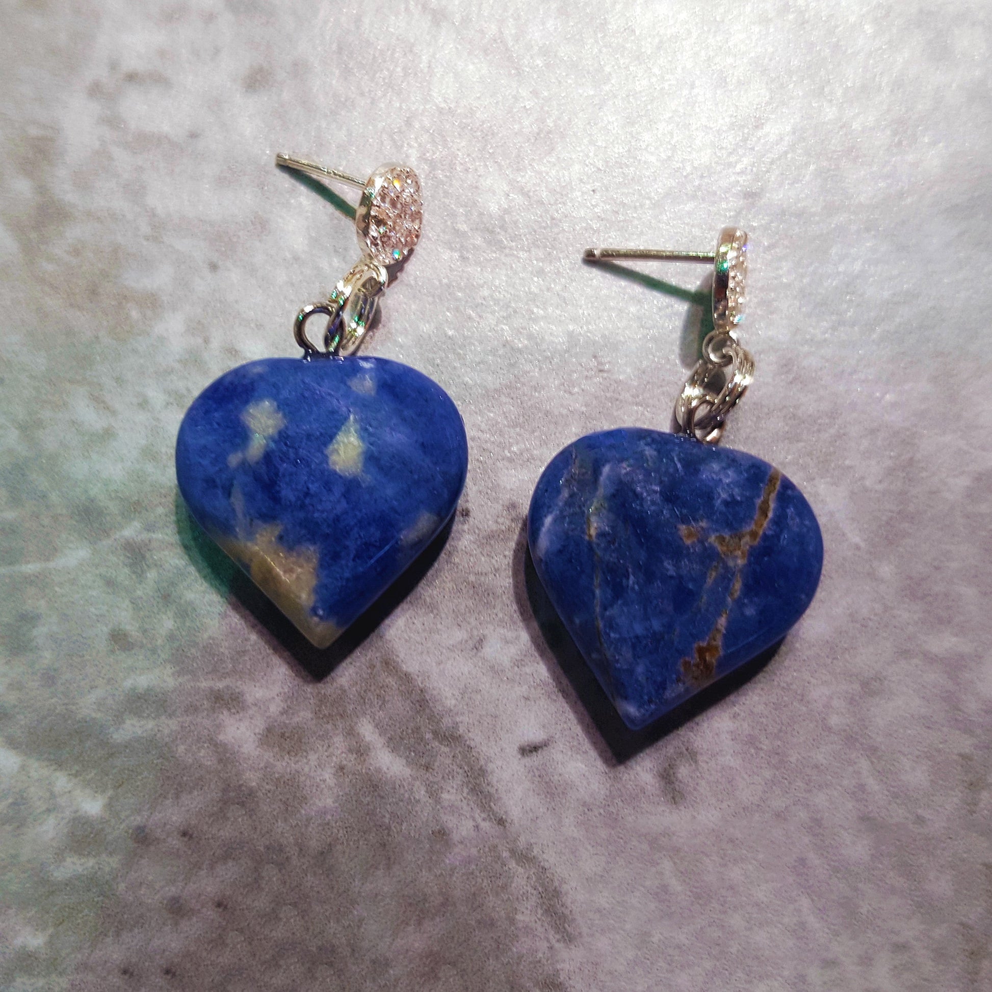 Sodalite Blue Gemstone Hearts Sterling Silver and Cubic Zirconia Stud Earrings-3