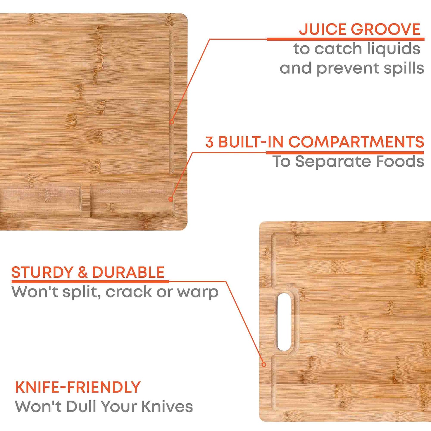 Extra Large Bamboo Cutting Board - 17x12.5 inch Wood Cutting Board for Meat, Cheese, Veggies - Wood Serving Tray with Juice Groove and 3 Compartments-6