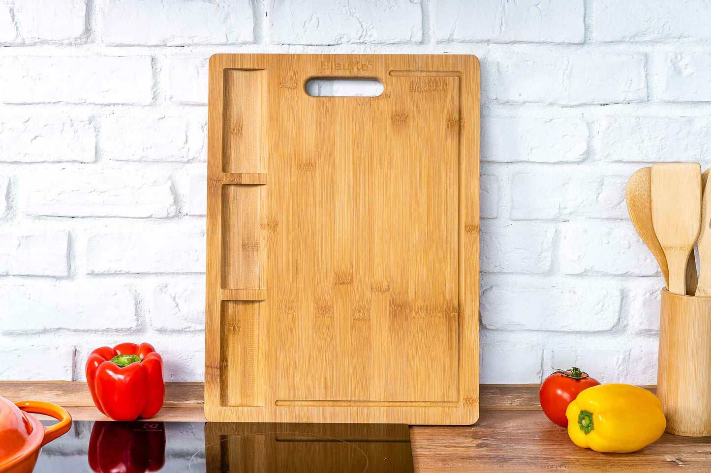 Extra Large Bamboo Cutting Board - 17x12.5 inch Wood Cutting Board for Meat, Cheese, Veggies - Wood Serving Tray with Juice Groove and 3 Compartments-11