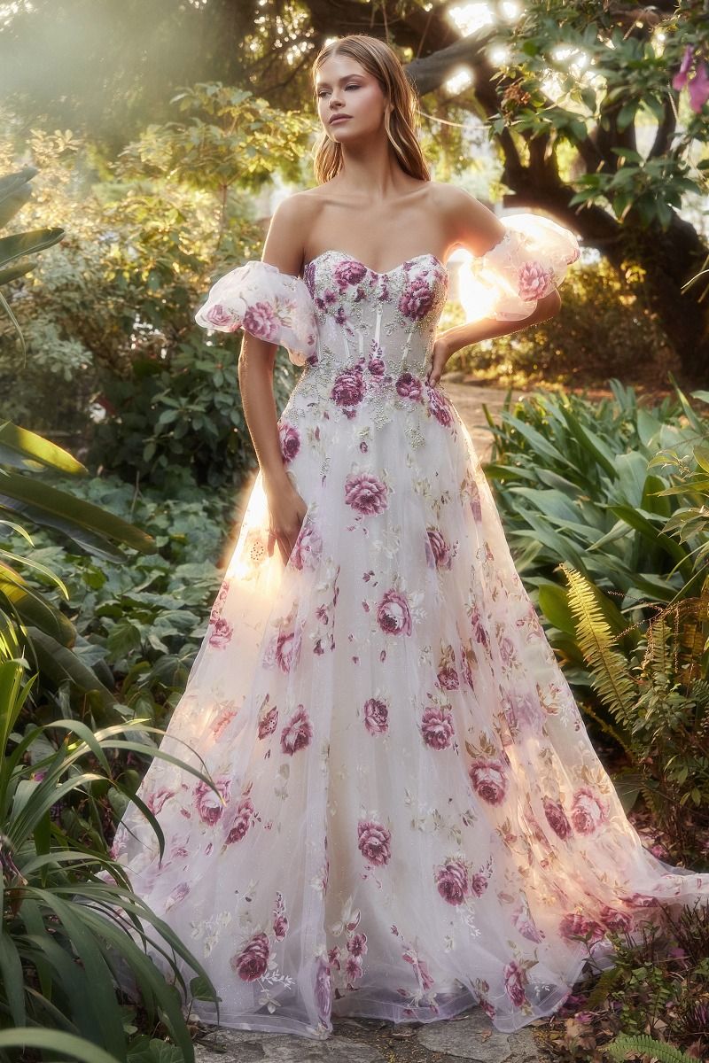 Strapless Organza Peony Print Removable Sleeves Long Prom Dress CDA1133-0