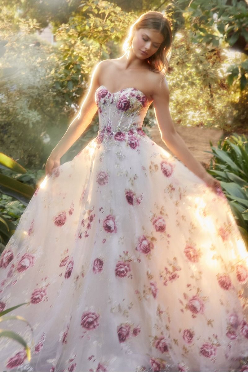 Strapless Organza Peony Print Removable Sleeves Long Prom Dress CDA1133-4