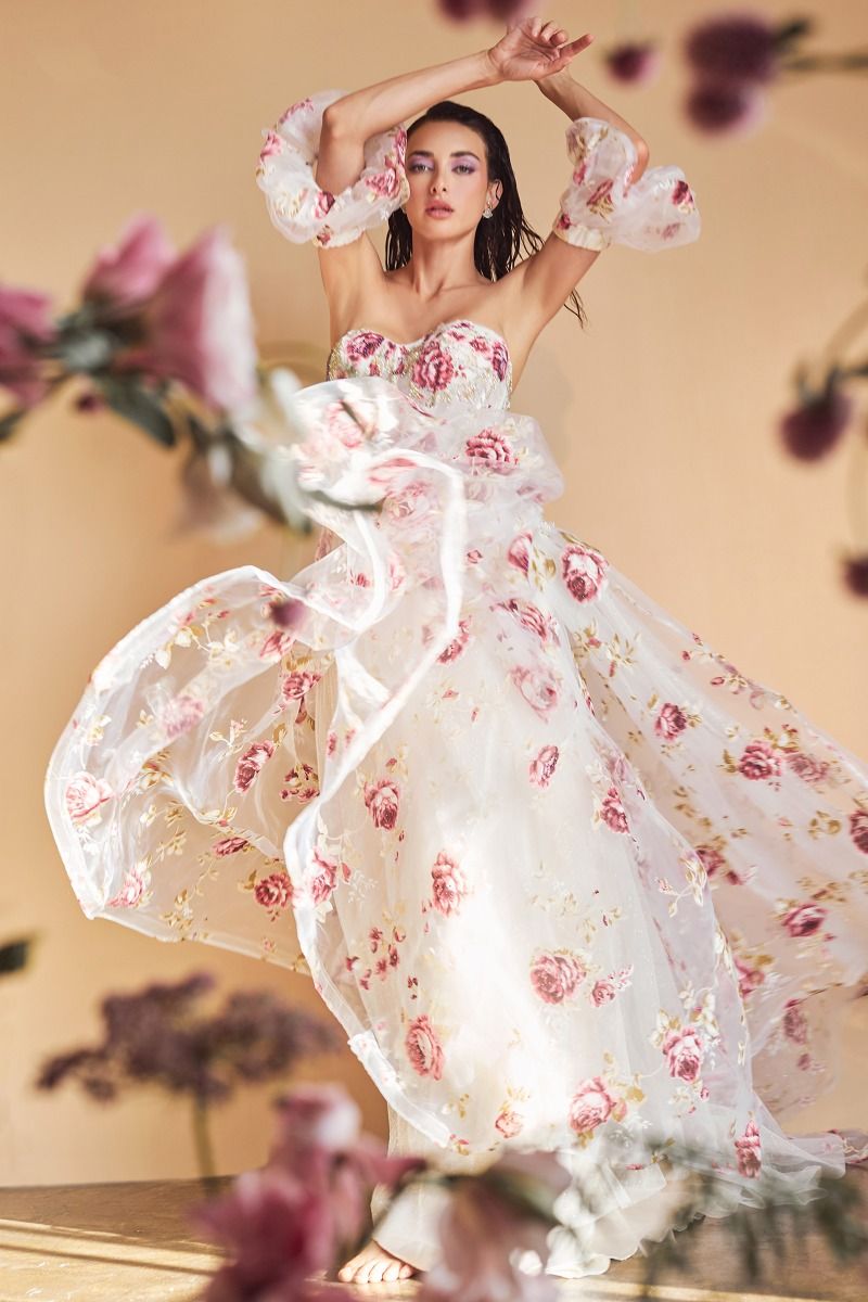 Strapless Organza Peony Print Removable Sleeves Long Prom Dress CDA1133-2