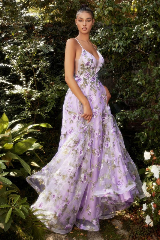 Lisianthus Printed Organza A-Line V-neck Formal Floral Bodice Long Prom & Gala Dress CDA1135-0
