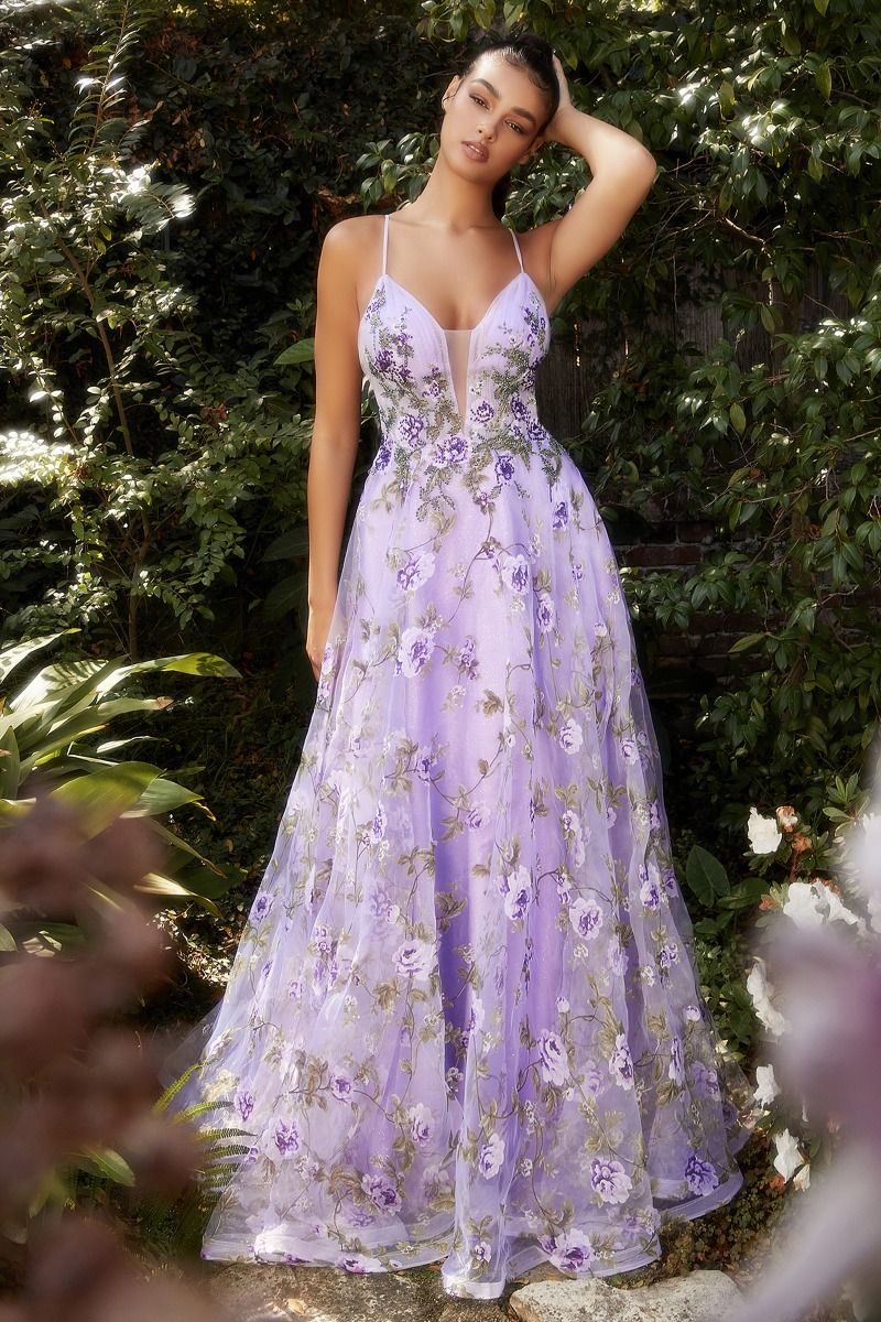 Lisianthus Printed Organza A-Line V-neck Formal Floral Bodice Long Prom & Gala Dress CDA1135-2