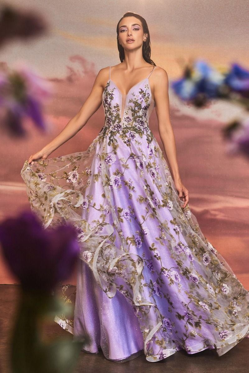 Lisianthus Printed Organza A-Line V-neck Formal Floral Bodice Long Prom & Gala Dress CDA1135-6