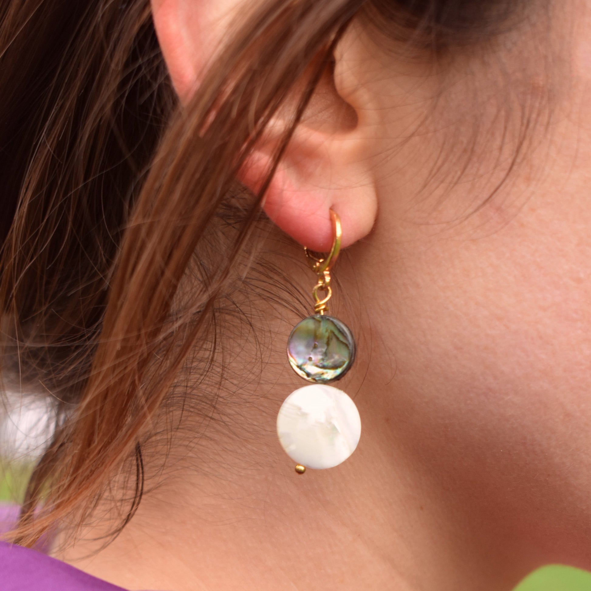 Abalone shell, white coin pearl Huggie Hoop Earrings | by Ifemi Jewels-1