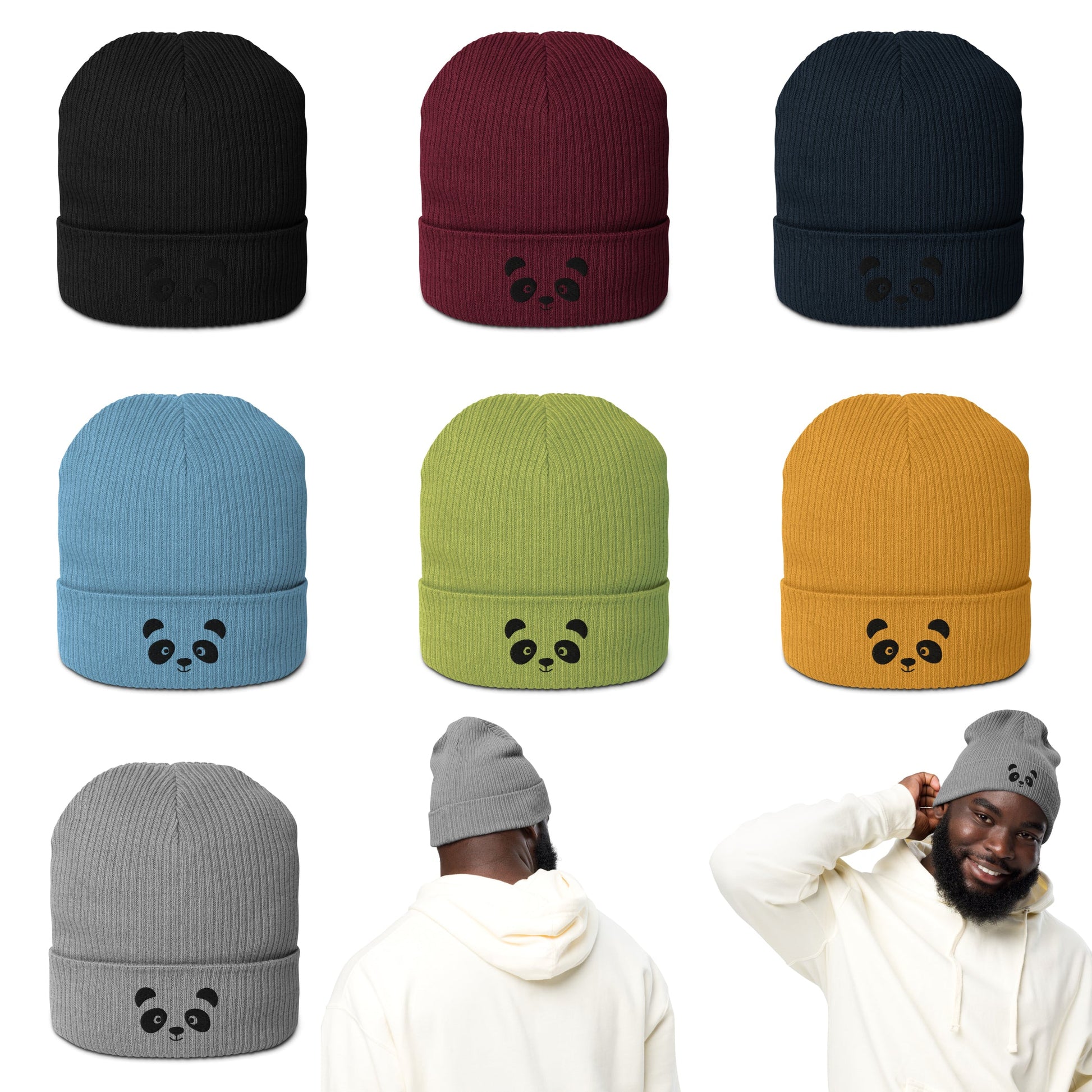 Panda face black embroidered, organic cotton ribbed beanie-1