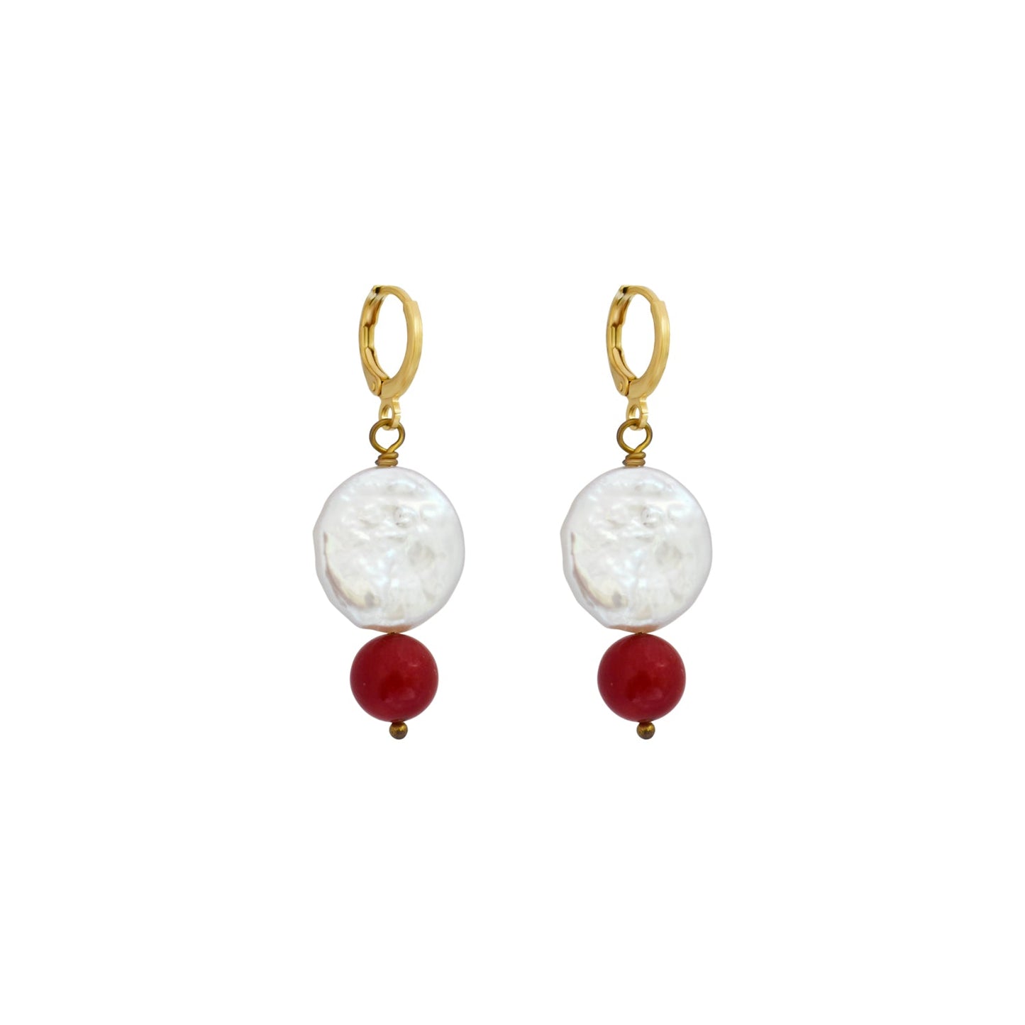 Coin freshwater pearl huggie earrings with red coral bead | by Ifemi Jewels-0