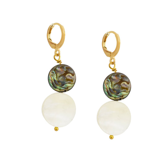 Abalone shell, white coin pearl Huggie Hoop Earrings | by Ifemi Jewels-0