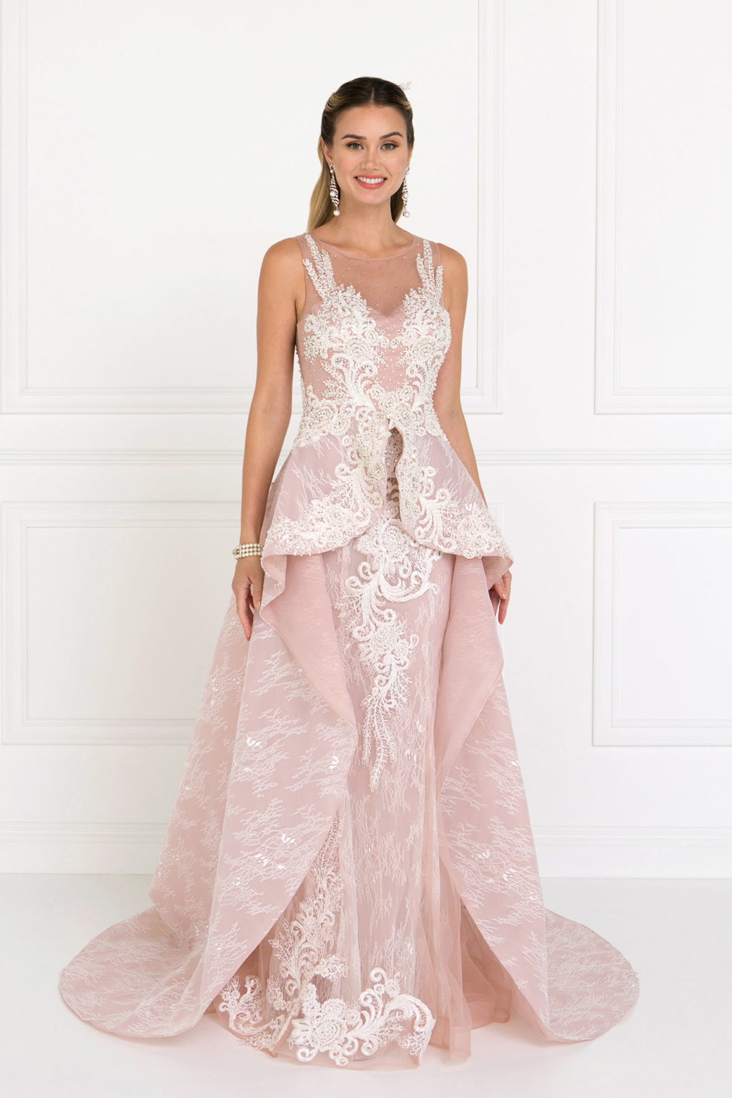Lace Illusion Sweetheart A-Line Long Dress with Organza Overlay-0