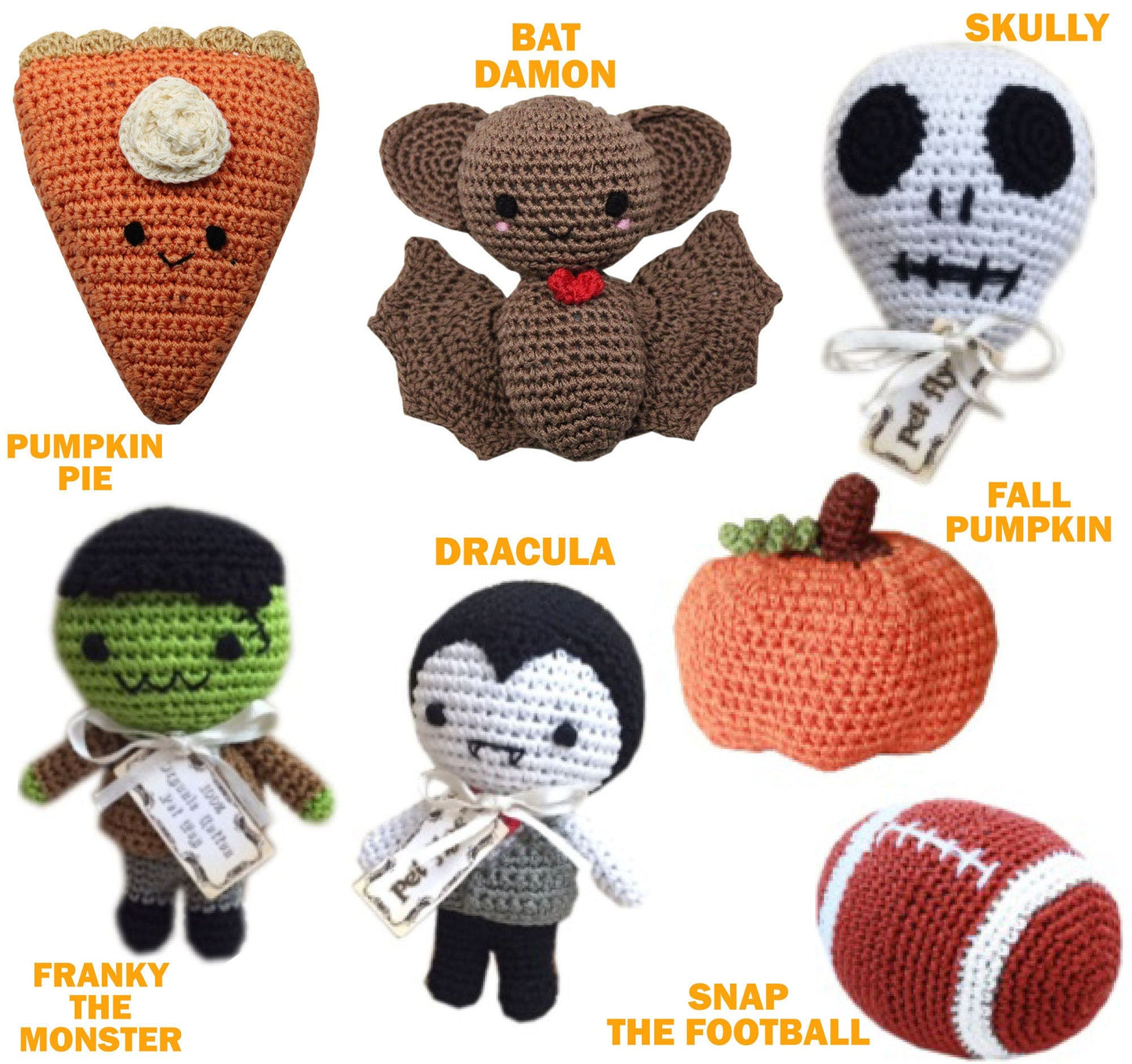 Knit Knacks Organic Cotton Pet& Dog Toys, "Fall Group" (Options: Football, Dracula, Bat Damon, Skully, Franky Monster, Pumpkin, Pumpkin Pie)-1