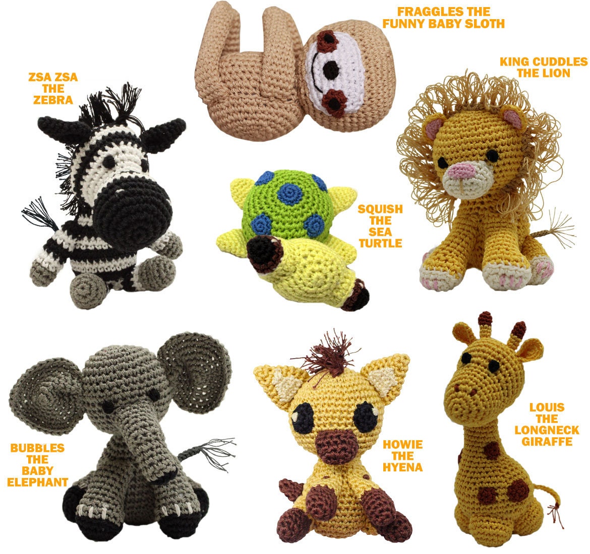 Knit Knacks Organic Cotton Pet, Dog Toys, "Animals" (Choose from: Sloth, Zebra, Giraffe, Hyena, Elephant, Lion, or Sea Turtle)-1