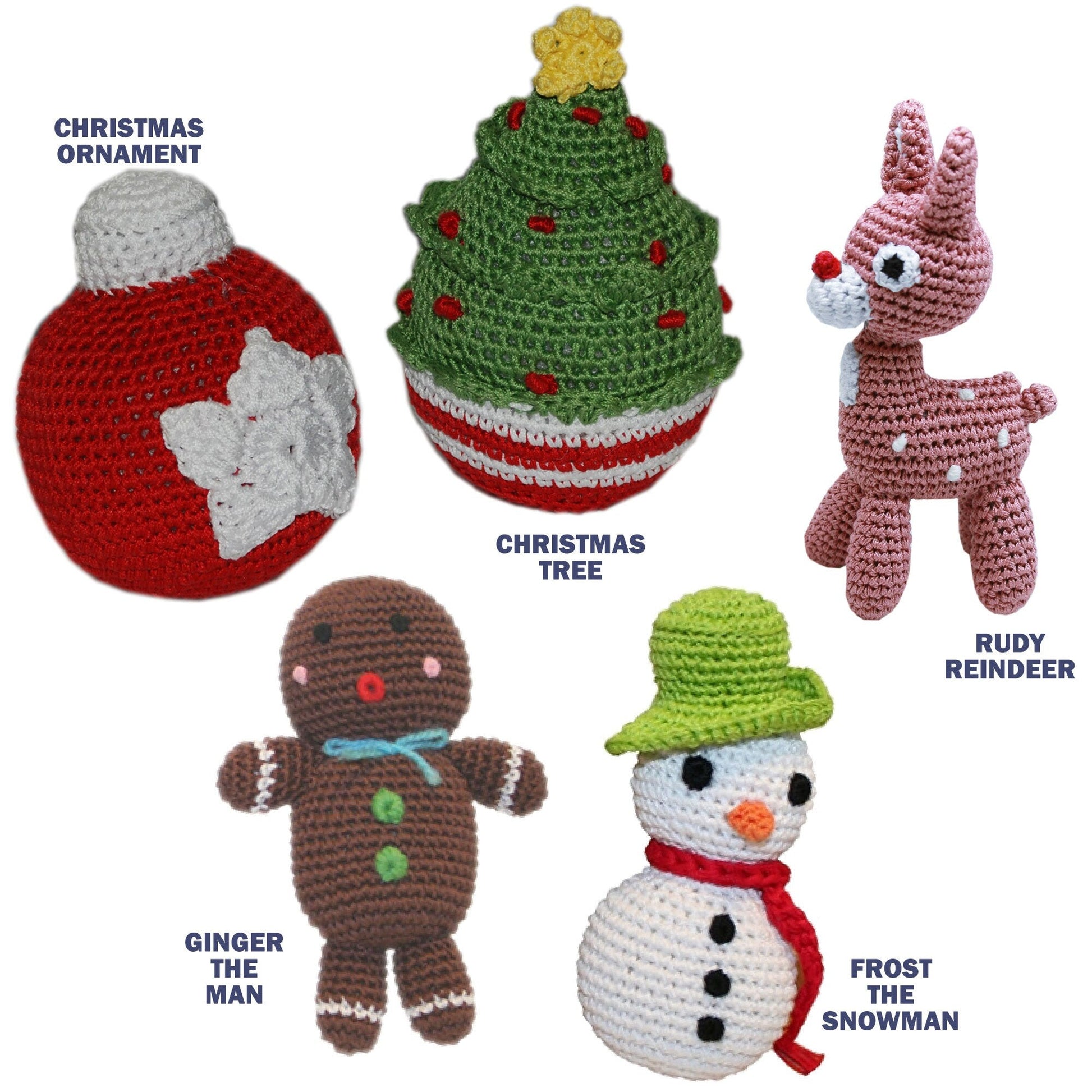 Knit Knacks Organic Cotton Pet& Dog Toys, "Christmas Group" (Choose from: Rudy Reindeer, Christmas Tree, Ornament, Snowman, Gingerbread Man)-1