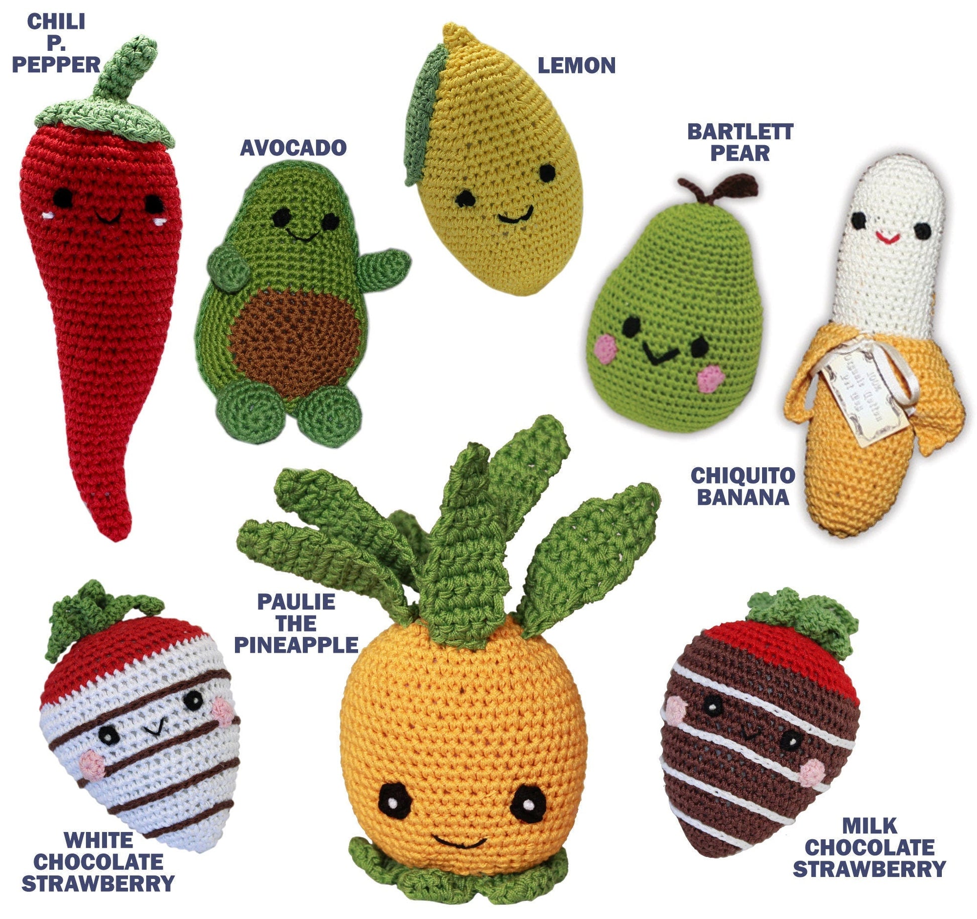 Knit Knacks Organic Cotton Pet & Dog Toys, "Fruits" (Choose from: Strawberries, Pear, Pineapple, Lemon, Chili Pepper, Avocado or Banana)-1