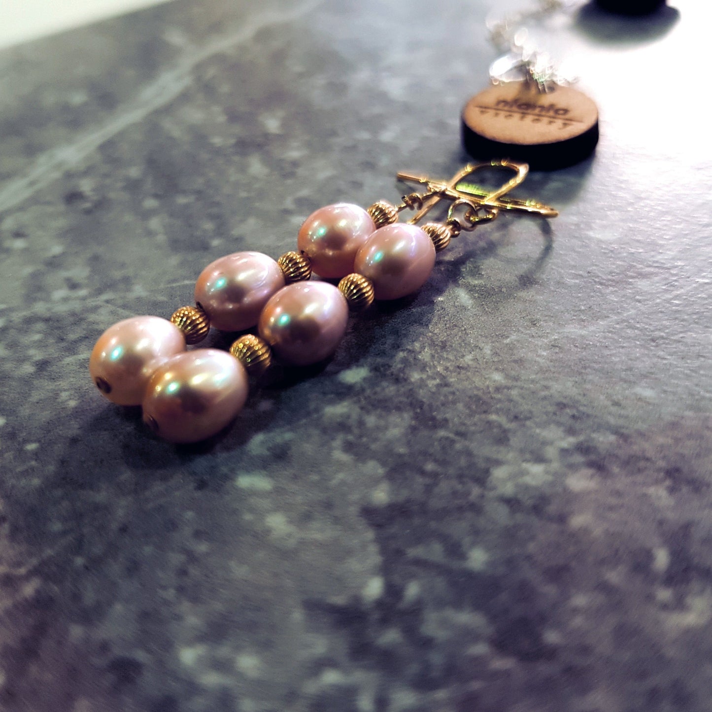 Pink Freshwater Pearl Earrings, Pearl Drop Earrings, Yellow 9k Gold earrings | by nlanlaVictory-2