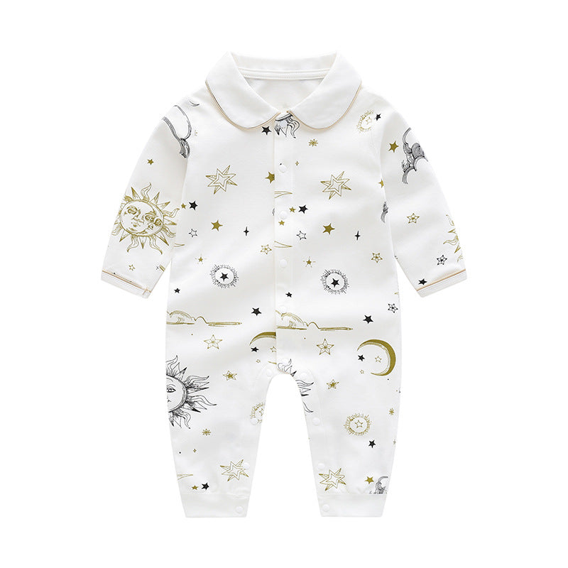 Spring/Autumn Hot Selling Baby Suns Moons Stars Print Single Breasted Full Button Front Design Organic Cotton Jumpsuit-1