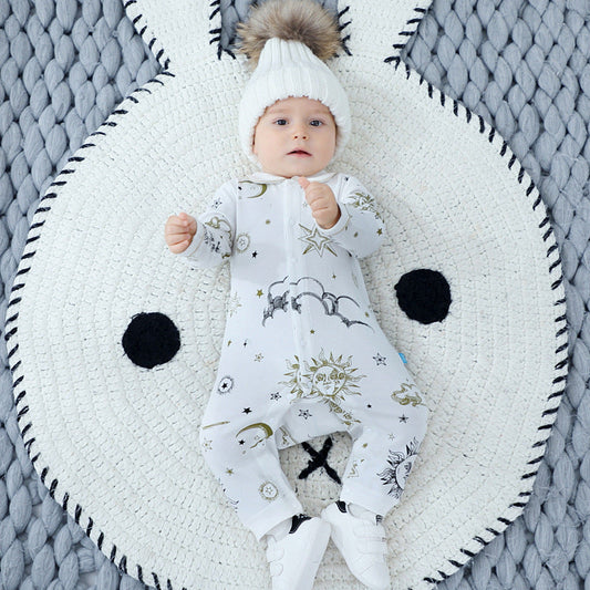 Spring/Autumn Hot Selling Baby Suns Moons Stars Print Single Breasted Full Button Front Design Organic Cotton Jumpsuit-0