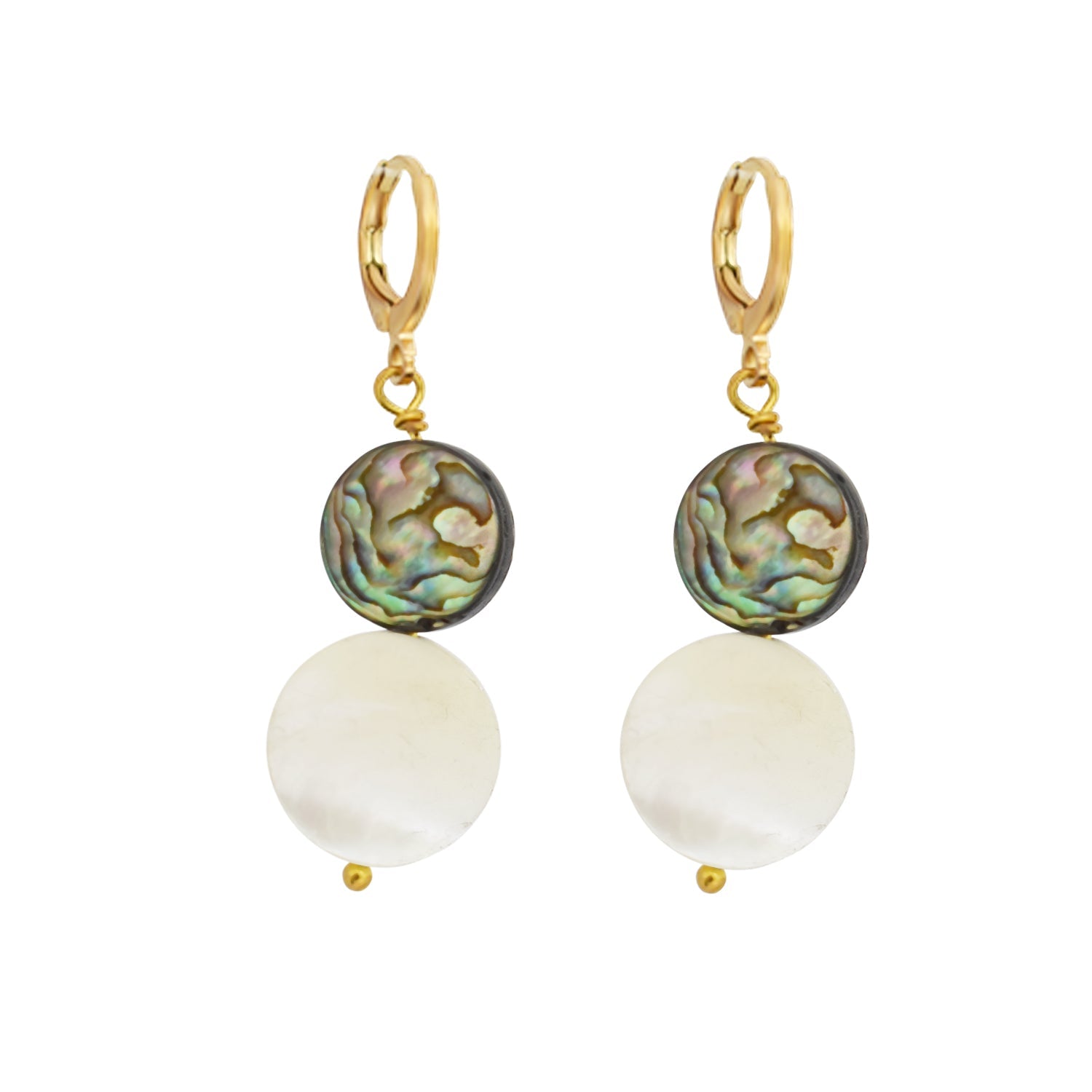 Abalone shell, white coin pearl Huggie Hoop Earrings | by Ifemi Jewels-2